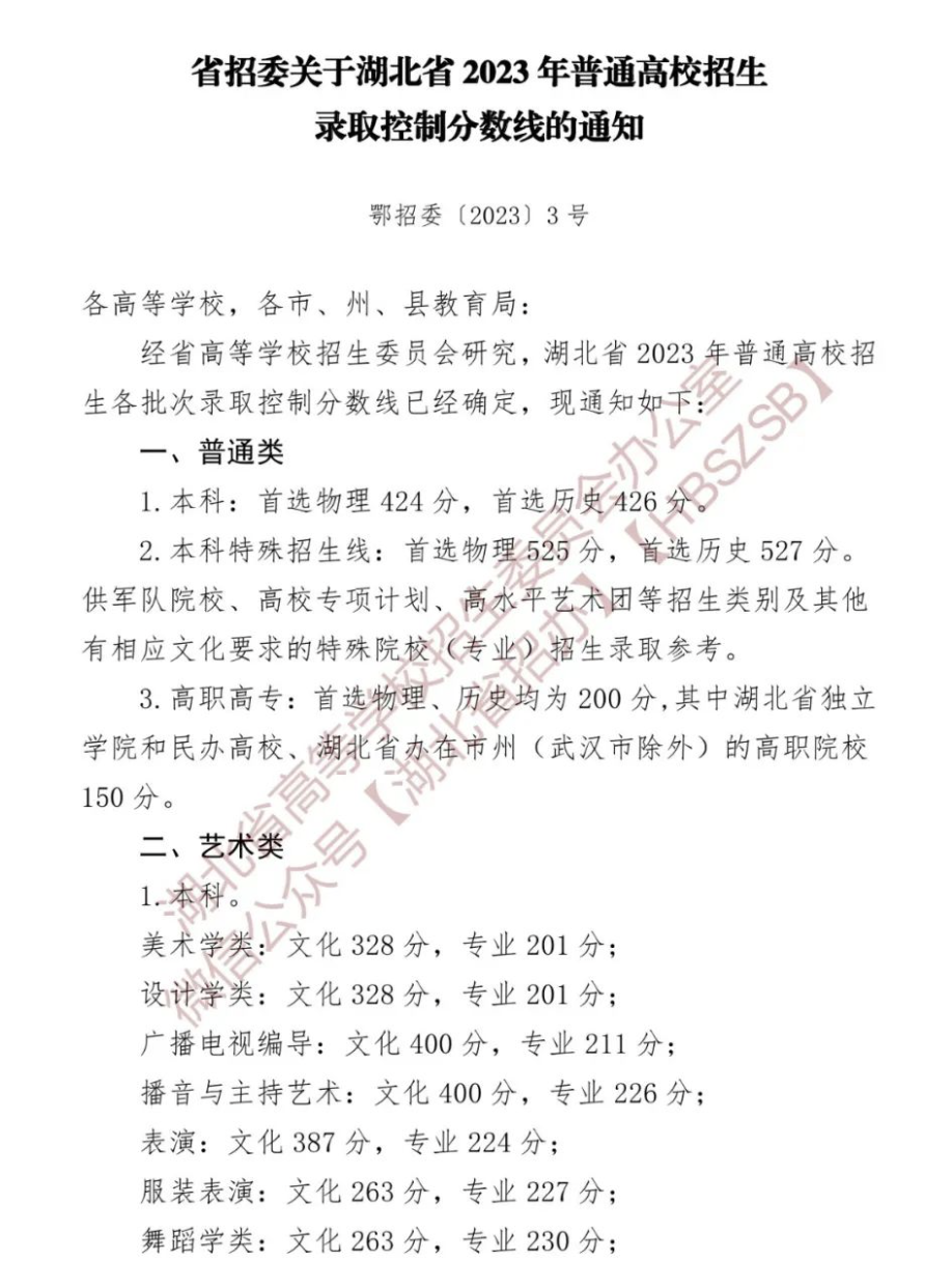 2023年湖北高考各批次分数线,2023年湖北高考分数线,高考批次线